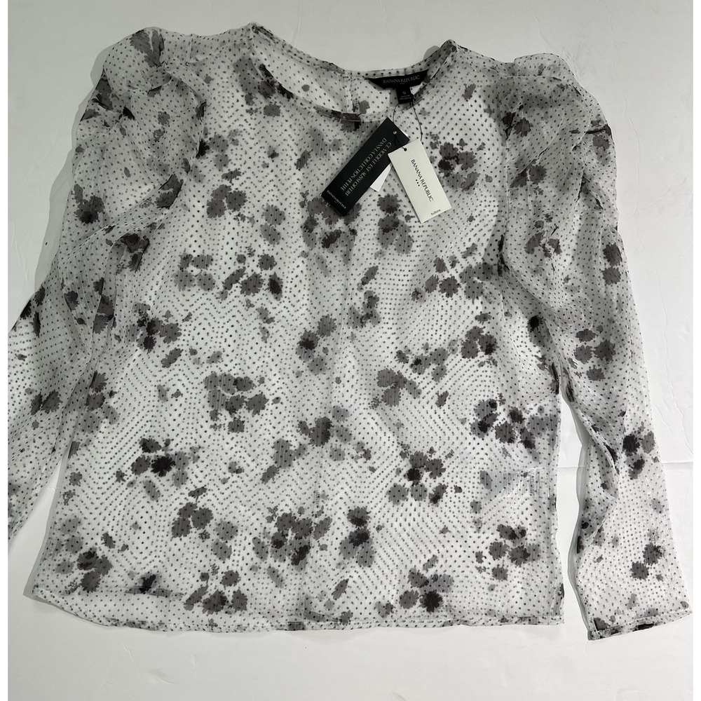 Banana Republic Blouse Size S Long Ruched Sleeve See Thur Black White Floral - Picture 6 of 10